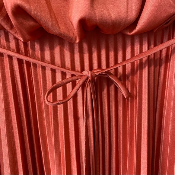 Vintage 70's Pleated Maxi Dress Off the Shoulder Sleeve Crochet Trim Satin - Picture 7 of 16